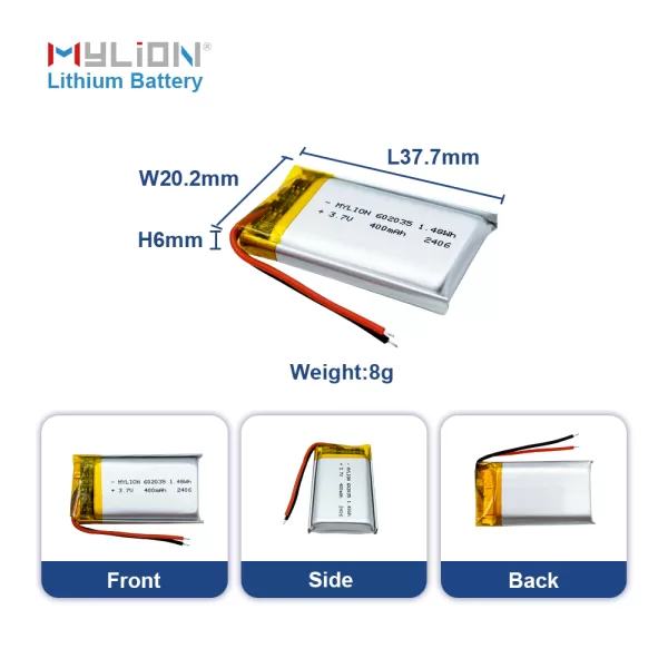 Mylion 602035 3.7V 400mAh LiPo Battery High Cycle Life with Safety Protection - Imagen 7